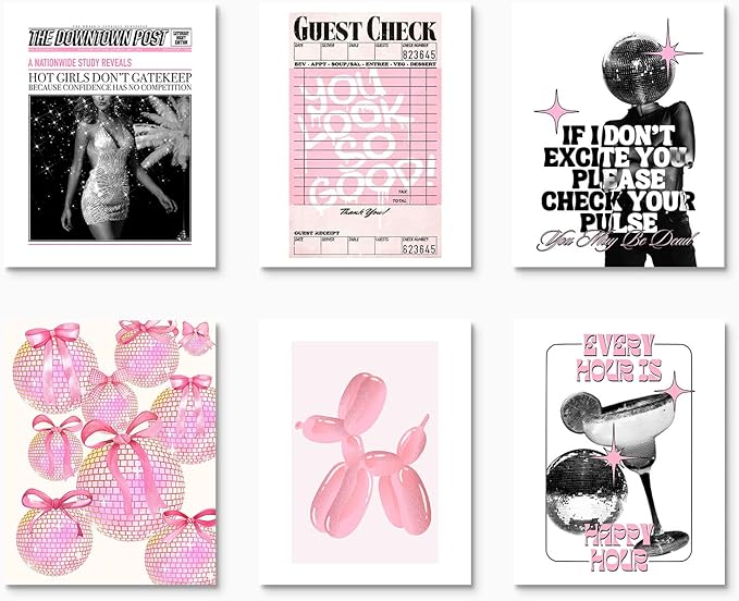 Habseligkeit Pink Fashion Wall Art Prints, Trendy Cute Wall Art Posters for Room Decor Aesthetic, Unique Room Decor for Girls Dorm, Unframed, 8x10in, Set of 6