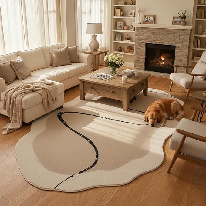 5x8 Irregular Rug Modern Minimalist Off White Brown Line Art Deco Abstract Shaped Rug for Meetingroom Bedroom Living Room Washable Thin Plush Carpet Non Skid Easy Clean Nursery Indoor Floorcovers