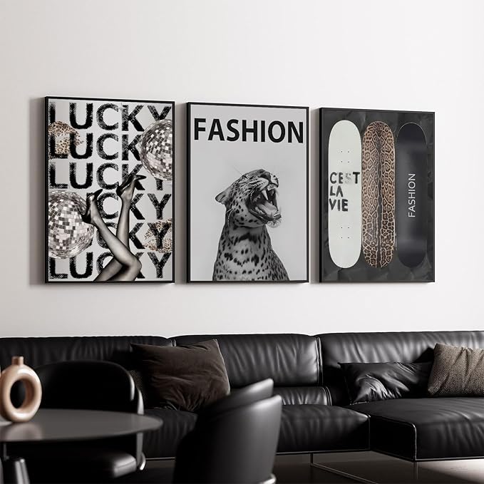 Trendy Leopard Wall Art Fashion Cheetah Lucky Skateboard Wall Decor Pictures Funky Vintage Preppy Luxury Aesthetic Posters Prints for Girly Bedroom Apartment Dorm Decoration Unframed 16x24in