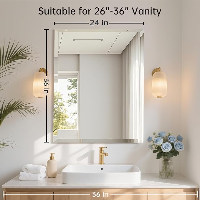 24x36 Inch Rectangle Frameless Mirror, Beveled Bathroom Mirror, Frameless Wall Mirror with 1" Beveled Edge for Bathroom Vanity, Entryway, Living Room
