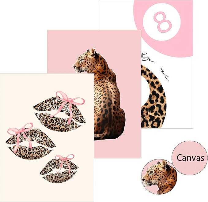YZLYAD 3Pcs Pink Trendy Leopard Wall Art,Fashion Cheetah Lucky 8-Ball Canvas Posters,Lip Bow Painting Pictures,Preppy Y2k Wall Decor for Bedroom Dormitory Apartment.12x16in Unframed
