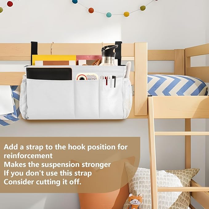 White Bedside Caddy Storage Bag Bedside Organizer for Bunk Bed Headboards College Hanging Storage Organizer 6 Pockets with Hooks for Drinks Magazine Phone Holder