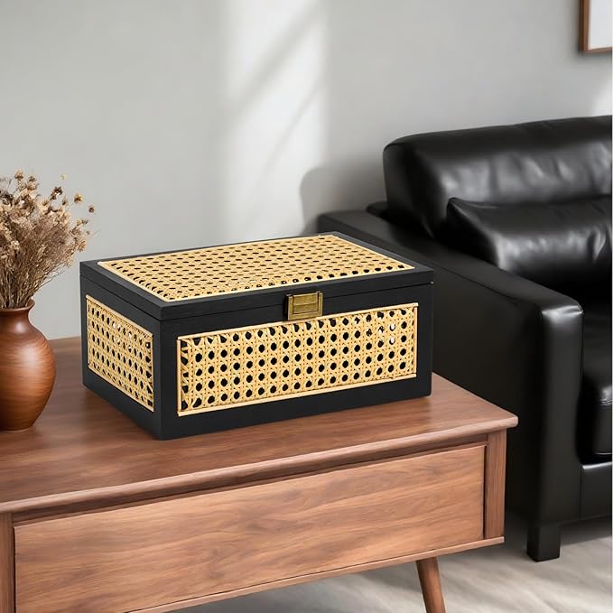 Rattan Storage Boxes Decorative Handmade Natural Wood Baskets with Lid Wooden Frame Boho Rustic Wicker Box Stacking Woven Cane Bins Shelf Closet Desk Organizer Container (Black, Large)