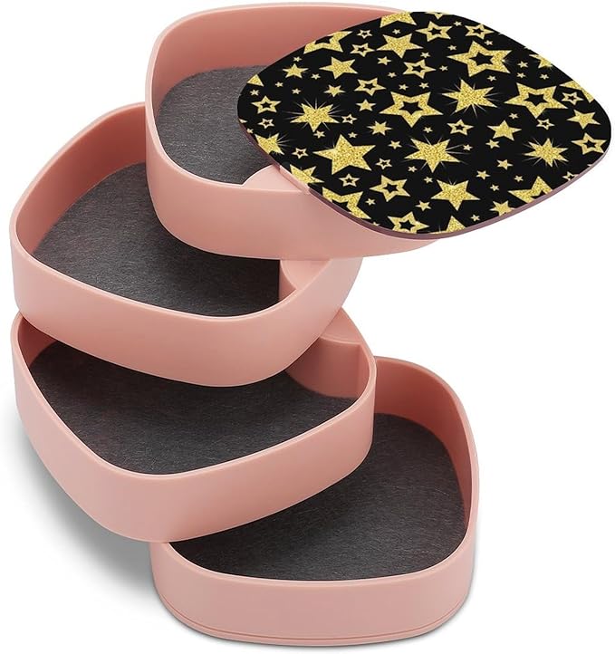 Earring Storage Box Organizer Jewelry Box Holder for Women 4-Layer Rotating Travel Jewelry Case (Black And Gold Stars Printed)