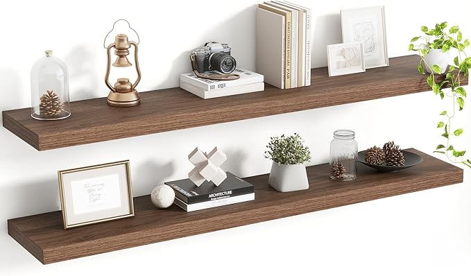 Acovy 48 Inch Floating Shelves, 8 Inch Deep Floating Shelves for Wall, Hanging Shelf with Invisible Brackets, Deep Shelves for Bathroom, Bedroom, Living Room, Walnut, Set of 2