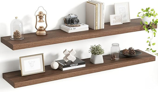 Acovy 48 Inch Floating Shelves, 8 Inch Deep Floating Shelves for Wall, Hanging Shelf with Invisible Brackets, Deep Shelves for Bathroom, Bedroom, Living Room, Walnut, Set of 2