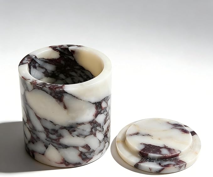 Luxury Marble Storage Box with Lid, White and Purple Veined Pattern, Decorative Organizer for Makeup Brushes, Jewelry, Bathroom Accessories (Round)