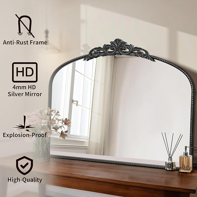 Micasso Vintage Wall Black Mirror: 29"x 36" French Baroque Antique Mirror - Traditional Ornate Decorative Arched Mirrors for Wall/Bathroom/Entryway/Fireplace/Hallway - Home Decor for Living Room