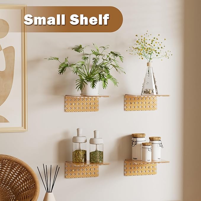 QsQueen Boho Acrylic Wall Shelves 2 Pack, Small Floating Shelf with Rattan Pattern, Clear Display Ledges for Funko Pop Figures, Plants, Perfume & Home Decor, Wall Mount for Bedroom, Living Room
