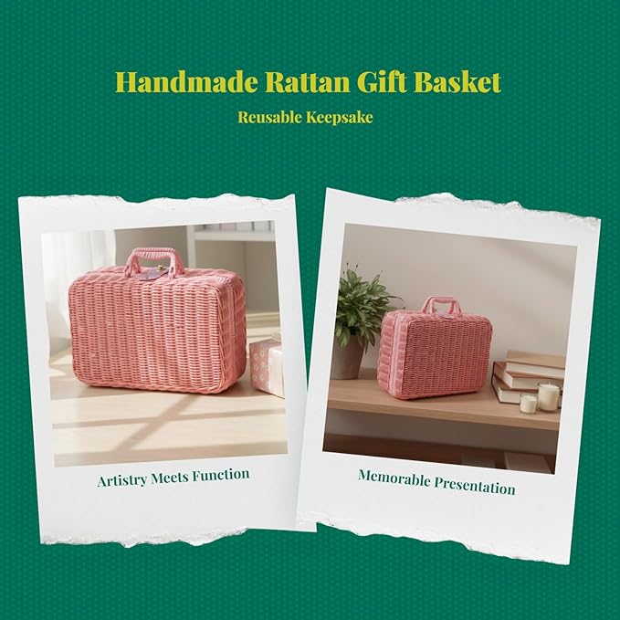 Woven Suitcase Imitation Rattan Storage Basket Gift Box Rustic Picnic Suitcase Handwoven Storage Case for Travelling Bathroom, Pink S