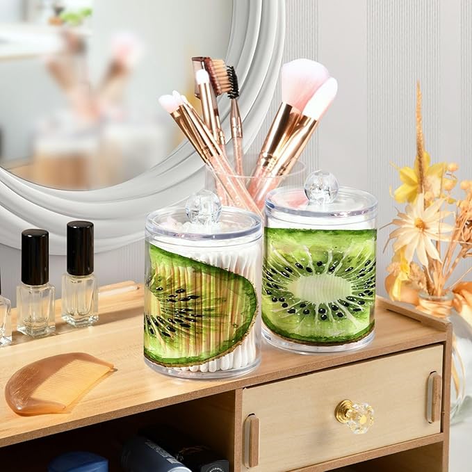 Nander 4Pack Fresh Kiwis Qtip Holder Dispenser -Clear Plastic Apothecary Jars Set - Restroom Bathroom Makeup Organizers Containers for Cotton Swab, Ball, Pads, Floss