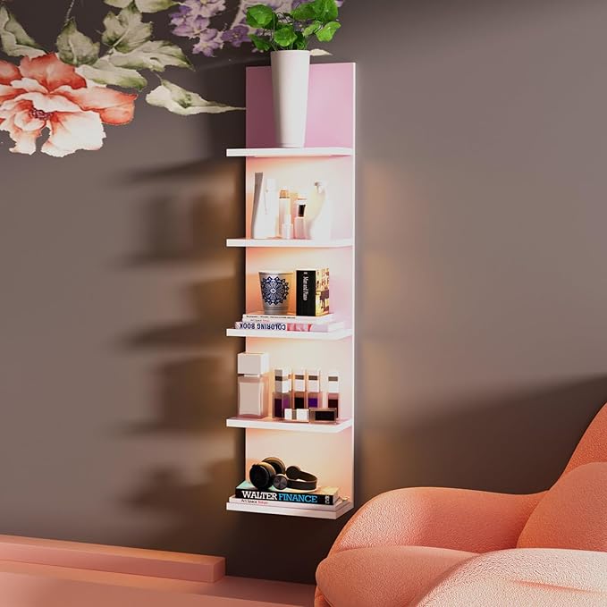 5 Tier Wall Shelves with LED Light, Vertical Column Shelf Floating Storage Home Decor Organizer Tall Tower Design Utility Shelf (Pink)