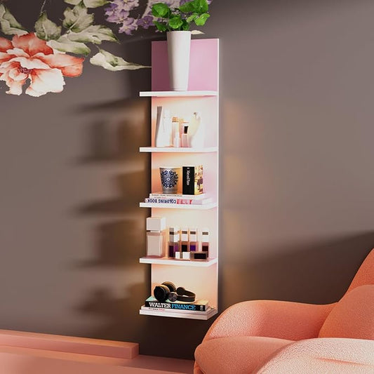 5 Tier Wall Shelves with LED Light, Vertical Column Shelf Floating Storage Home Decor Organizer Tall Tower Design Utility Shelf (Pink)
