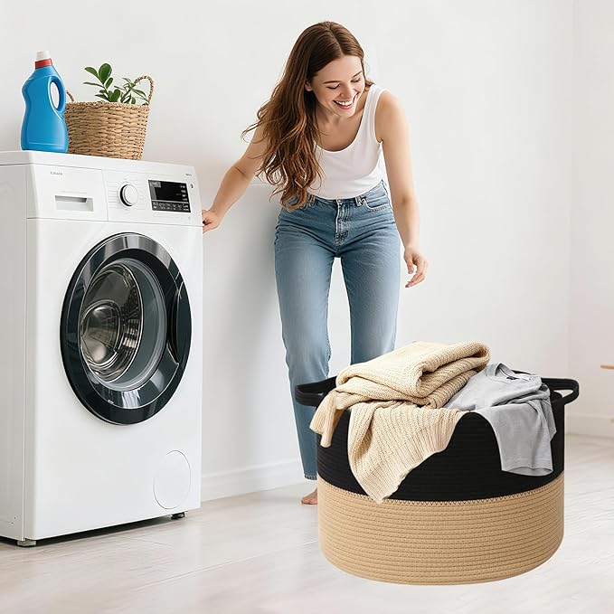 90L Large Blanket Basket, 21.7"x 21.7"x 13.8" Rope Woven Storage Basket with Handles, Laundry Hamper for Toys, Clothes, Pillows & Towels, Perfect for Living Room, Nursery & Bedroom,Black&Camel