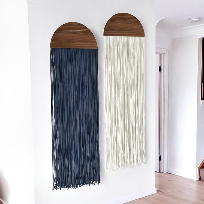 2 Pcs Macrame Wall Hanging Fiber Wall Art Boho Fringe Wall Decor Handmade Modern Textile Tapestry for Living Room Bedroom Apartment Scandinavian Home Decor 13.7" W x 51" L