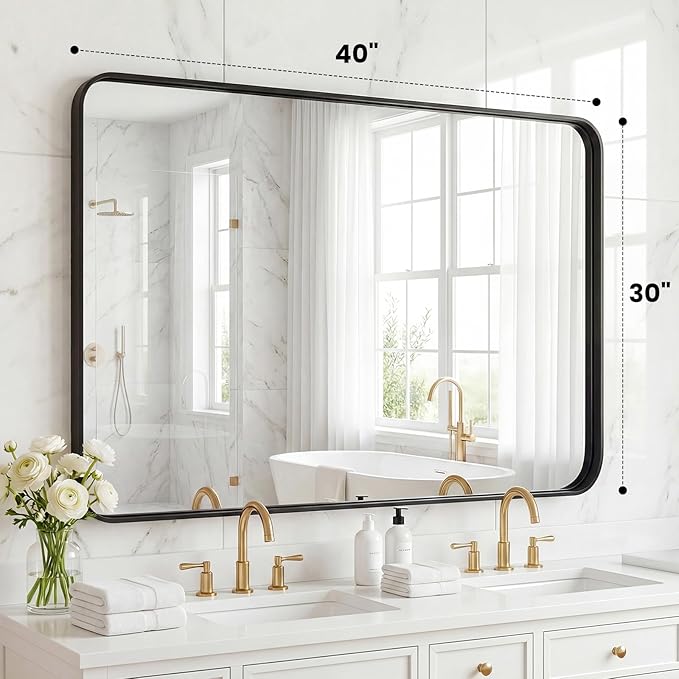 OLIXIS Bathroom Mirror for Over Sink, 30x40 Inch Wall Rectangle Mirror with Matte Metal Framed, Modern Wall Mount Vanity Mirror for Home Decor, Living Room, Bedroom, Black