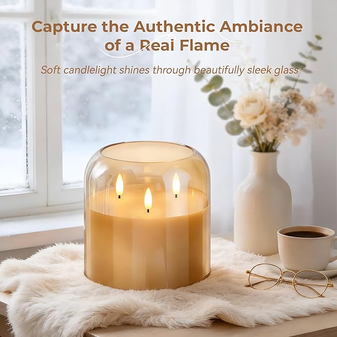 3 Wick Glass Flameless Candle with Remote and Timer, 6"x6" Extra Large Real Wax LED Pillar Candle Battery Operated with 3D Flickering Flame for Festival Wedding Home Party Decor (Gold)
