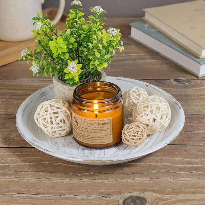 10-inch Candle Plate Holder Tray & 30-inch Wooden Bead Garland with Tassels, Farmhouse Decorative Tray, Rustic Country Home Decor - White