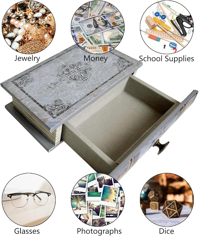Vintage Book Storage Box with Drawer, Distressed Gray Faux Leather Cover with Ornate Baroque Design, Hidden Organizer for Jewelry or Office Bookshelf Decor 11.8″ x 8.7″ x 2.4″