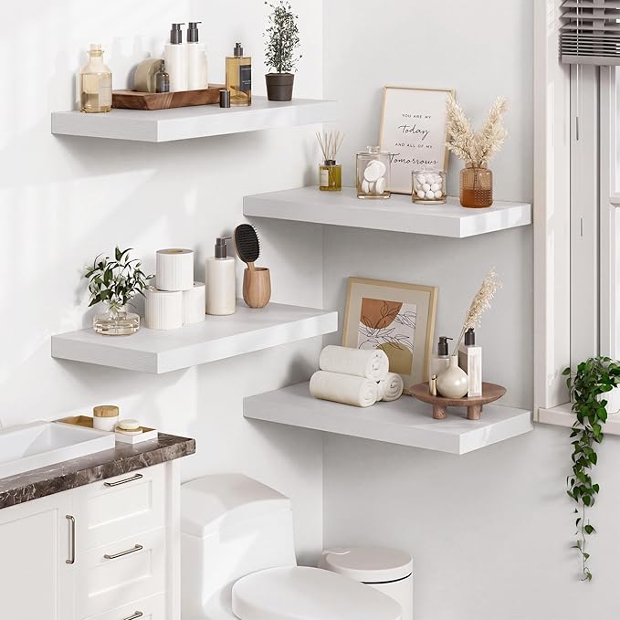 Heimlove 12" Deep White Floating Shelves for Wall, 24 Inch Shelf Bathroom Shelves Set of 2, Mounted Shelves for Books Living Room Laundry Room Bedroom Kitchen Home Office
