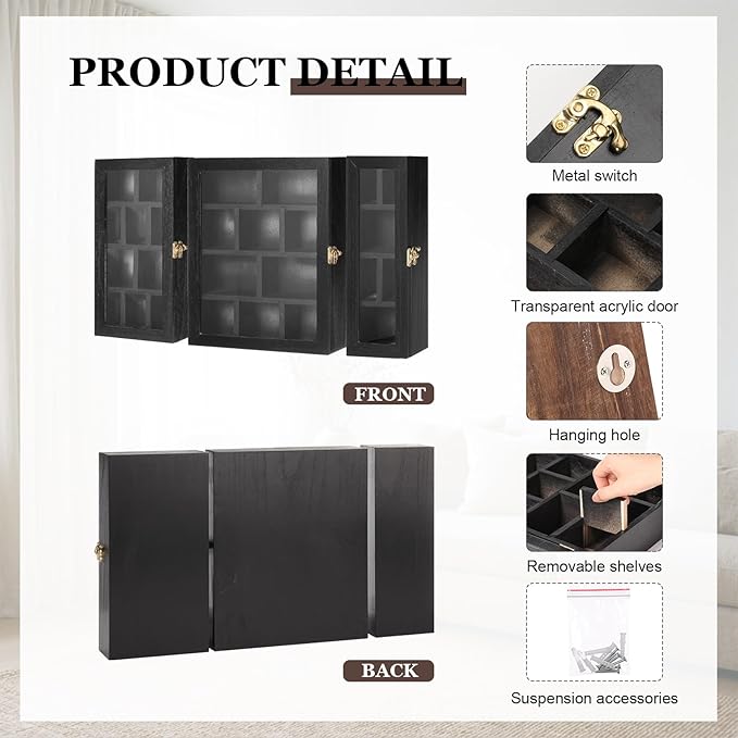 DoubleFill Set of 3 Wooden Trinket Display Shelf Shadow Box with Shelves 10 x 15 Inch Large Wall Mounted Display Storage Mini Figures Curio Trinket Medals Crafts Collections(Black,Box Shape)
