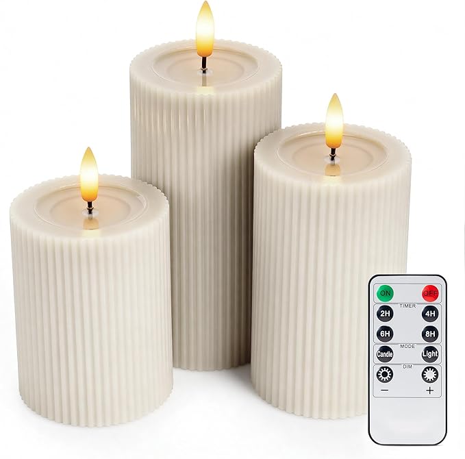 Fluted Ribbed LED Pillar Candles, Cream Beige, with Reflective Melted-Wax Effect – Flickering Flame, Remote, Dimmable, Flameless, Battery Operated, Home & Wedding Decor (Set of 3)