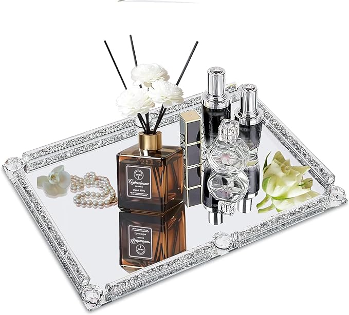 Large Crystal Perfume Tray, 15.7" x 11.8" Silver Glass Mirror Vanity Tray Noble Jewelry Trinket Display Tray for Desser Crushed Diamond Home Decor Cosmetics Makeup Organizer Serving Trays for Party
