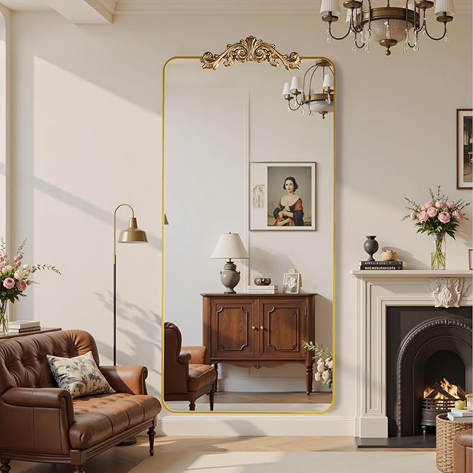 Vintage Full Length Mirror, 76"x34" Floor Mirror with Carved, Full Body Mirrors for Home Decor, Standing/Hanging Large Wall Mirrors for Bedroom/Living Room/Entryway, Gold, Retro Style