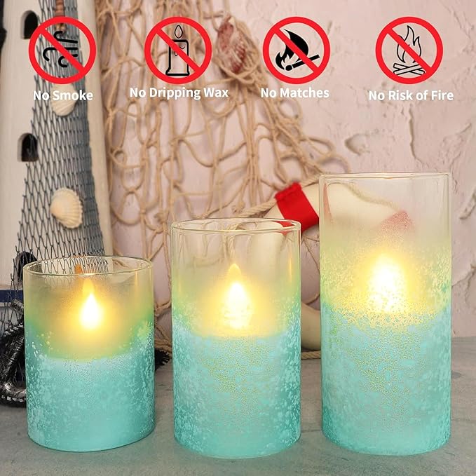 Blue Flameless Candles with Remote Aqua Glass Handmade Sandblast Battery Operated Candles Flickering Decorative LED Pillar Candles for Home Bathroom Coastal Theme Wedding Decorations