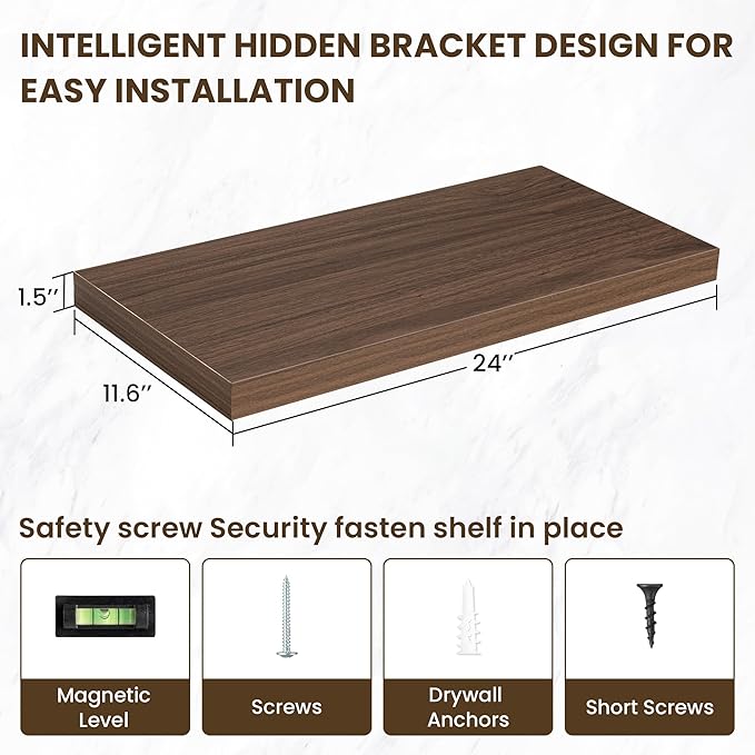 Acovy 24 Inch Floating Shelves, 12 Inch Deep Floating Shelves for Wall, Floating Shelf with Invisible Brackets, Deep Shelves for Bathroom, Bedroom, Living Room, 2 Pack, Walnut