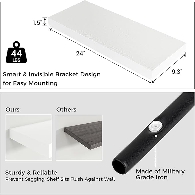 Venusmiles Floating Shelves for Wall, Engineered Wood Wall Shelves with Invisible Brackets for Living Room Bedroom Bathroom Office Kitchen Decor and Storage (White, 24" W x 9" D x 1.5" H) Set of 2