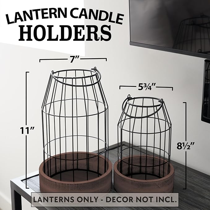 Rustic Farmhouse Lantern Decor Set of 2 - Stylish Decorative Lanterns for Your Living Room, Fireplace Mantle or Kitchen Dining Table - Modern Indoor/Outdoor Coffee Table Decor for Your Entire Home