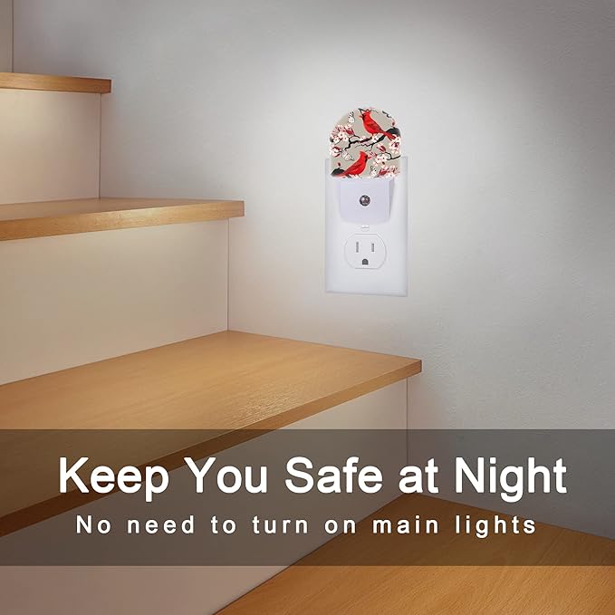 Red Cardinal Night Light,Blooming Cherry Night Lights Plug into Wall for Boys Girls Bedroom Decorative Half Round Nightlight Led Lamp 0.5W Sleep Friendly