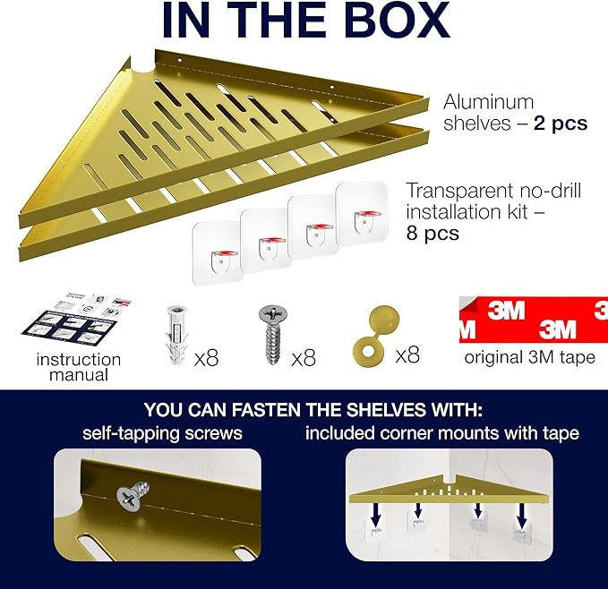 Corner Shower Shelf for Inside Shower - Adhesive/Stick/Drill/No Drill - Floating Strong 14" Gold Corner Shower Shelves for Bathroom, Tiled Wall, Caddy Organizer, Kitchen, Shower