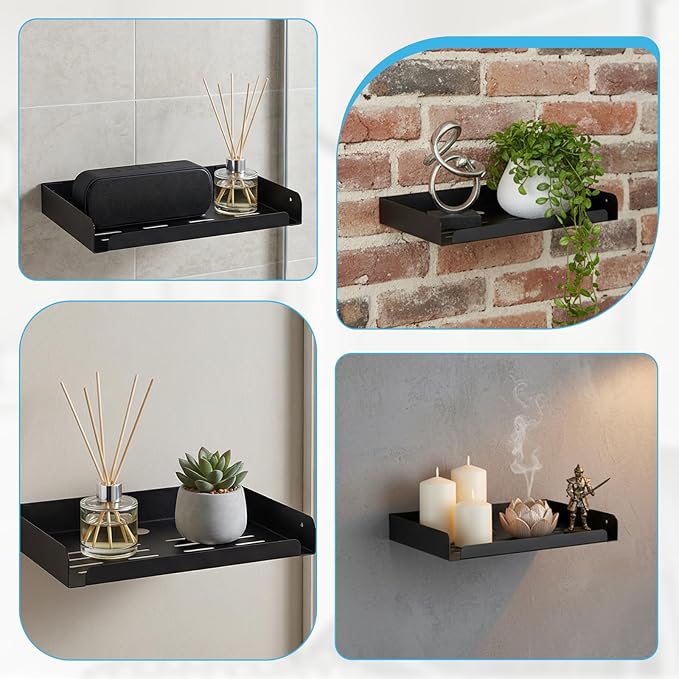 Metal Floating Shelf, 12" x 8" Heavy Duty Metal Floating Wall Shelf with Edge, Modern Wall Mounted Shelves for AV, TV Accessories, Projector, WiFi Router, TV Box, Cable Box, DVD Player, Game Console