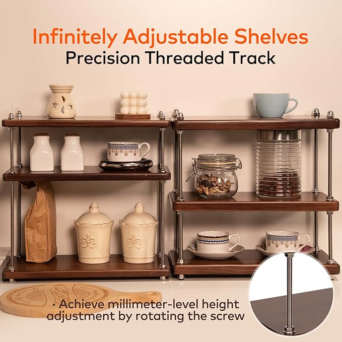 Ultra-Thick 24mm Solid Wood Coffee Station Organizer&Spice Rack for Kitchen Countertop, Corner Industrial 3-Tier Adjustable Shelf with 10mm 304 Thread Rods for Espresso Gear, Walnut Finish