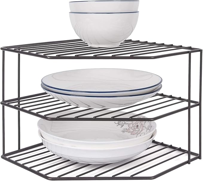 Cabinet Shelf Organizer - Corner Shelf Counter and Cabinet Organizer -Countertop Storage - Cabinet Corner Rack for Plate - Cabinet & Pantry Kitchen Shelf (Black)