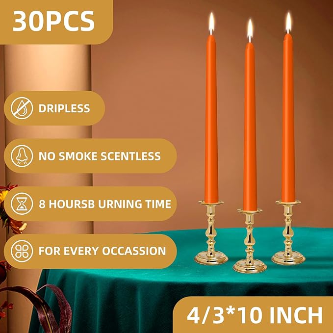LYOBATH 30 Pack Orange Taper Candles - Taper Candles 10 Inch Dripless, Smokeless & Unscented - 8 Hours Long Burning - Ideal for Weddings, Dinner Parties, and Home Decor