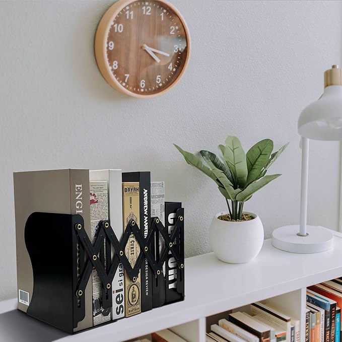 Adjustable Bookends Non Skid Decorative Bookends,Metal Bookend for Heavy Books,Bookshelf Organizer Holder for Books and Magazines for Desk(Black)