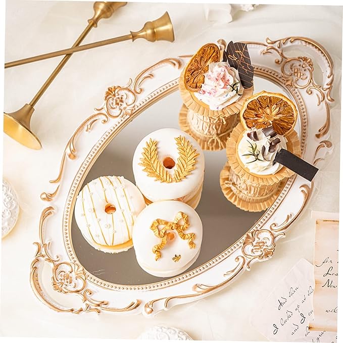 PRETYZOOM Oval Decorative Mirror Tray Vintage Decorative Jewelry Organizer for Makeup and Photo Props Elegant French Style Design for Home and Special Events