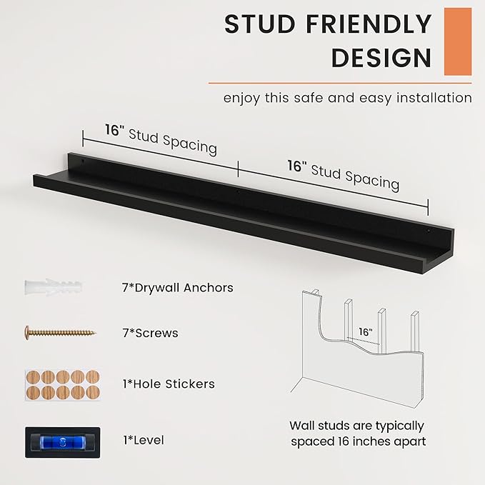 FLYJOE Picture Ledge Shelf, Floating Shelves Set of 2, 36 Inches Nursery Book Shelves for Toys Storage, Kids Bookshelf Wall Mounted for Living Room Bedroom Decor Books Photo Frames, Black
