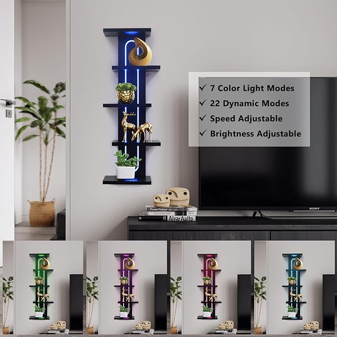 Homaterial RGB Wall Shelves for Gaming Room & Display, 5-Tier Unique Staggered Floating Shelves with Lights & Remote, Vertical MDF Shelf for Collectibles, Room Decor, Black