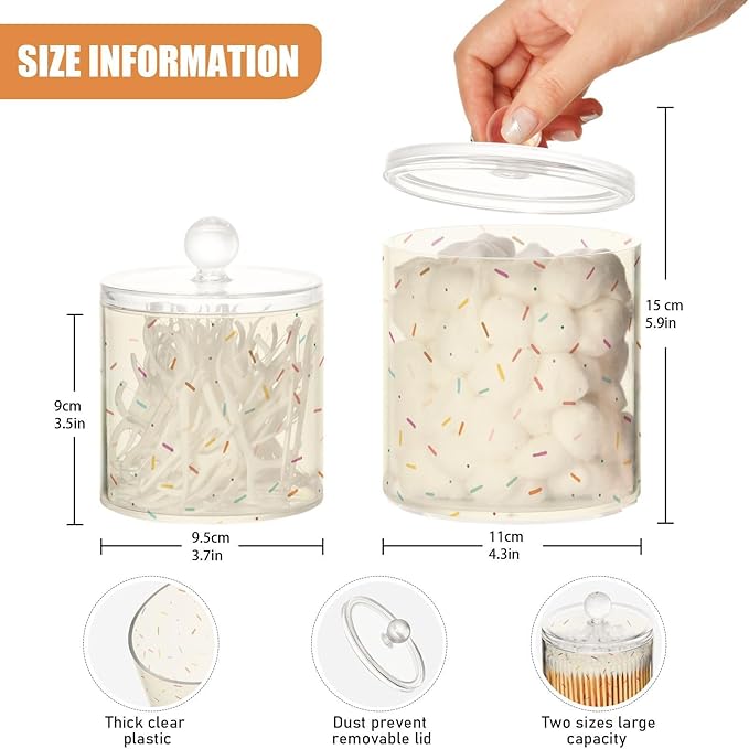 A Simplepastel Illustration Of Small Sprinkles Scattered Clear Plastic Makeup Organizer Storage with lid Dresser Essentials Decorative Dental floss storage jar for Cotton Swabs,Cotton