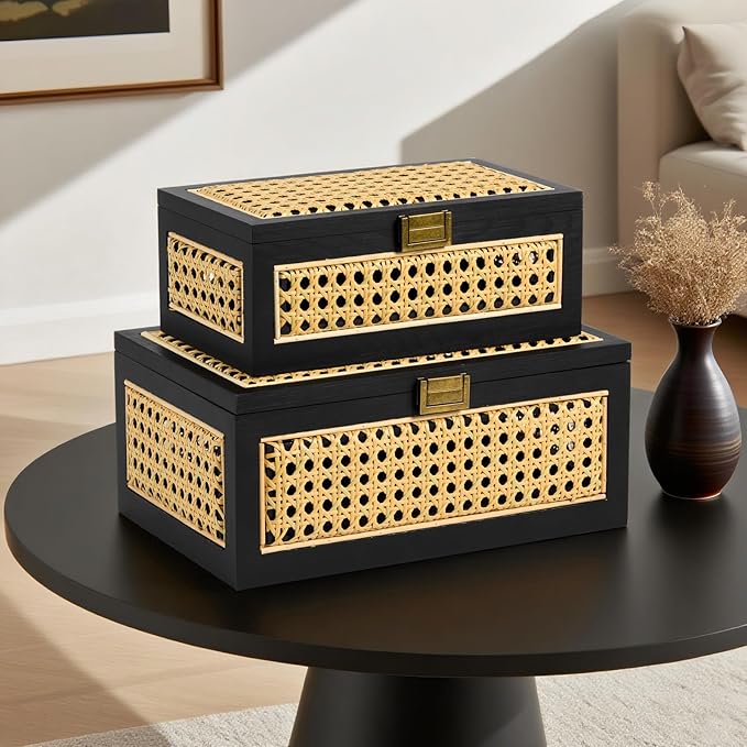 Rattan Storage Boxes Decorative Handmade Natural Wood Baskets with Lid Wooden Frame Boho Rustic Wicker Box Stacking Woven Cane Bins Shelf Closet Desk Organizer Container (Black, Small)