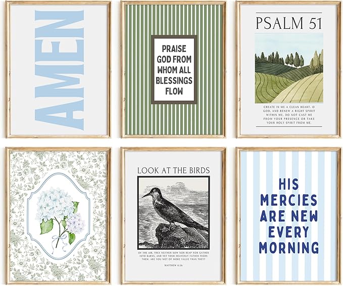 Blue Green Christian Wall Art Decor Bible Verse Canvas Poster Preppy Scripture Pictures Trendy Religious Prints Aesthetic Floral Artwork Painting for Bedroom Living Room 12x16 Inch Unframed Set of 6