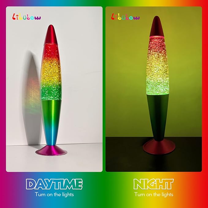 16 Inch Rainbow Glitter Lamp, 2 Bulbs,Sparkle Night Light, Relaxing Mood Lamp Home Decor Room Office Bedroom for Adults, Teens and Kids, Red Yellow Green