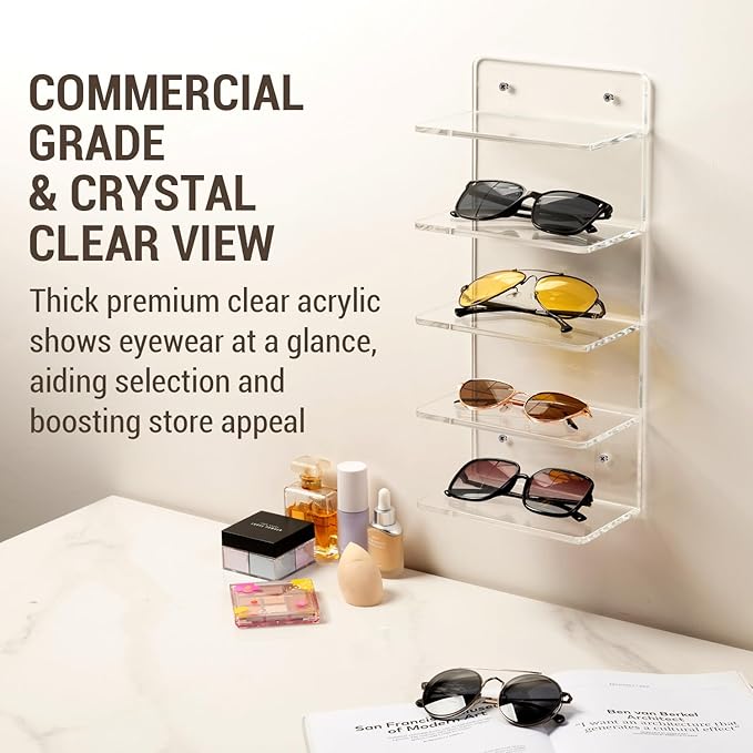 MyGift 5 Tier Clear Acrylic Sunglasses Holder Rack, Wall Mounted Eye Glasses Shelf or Tabletop Display Stand, Retail Eyewear Showcase Storage Organizer, Set of 2