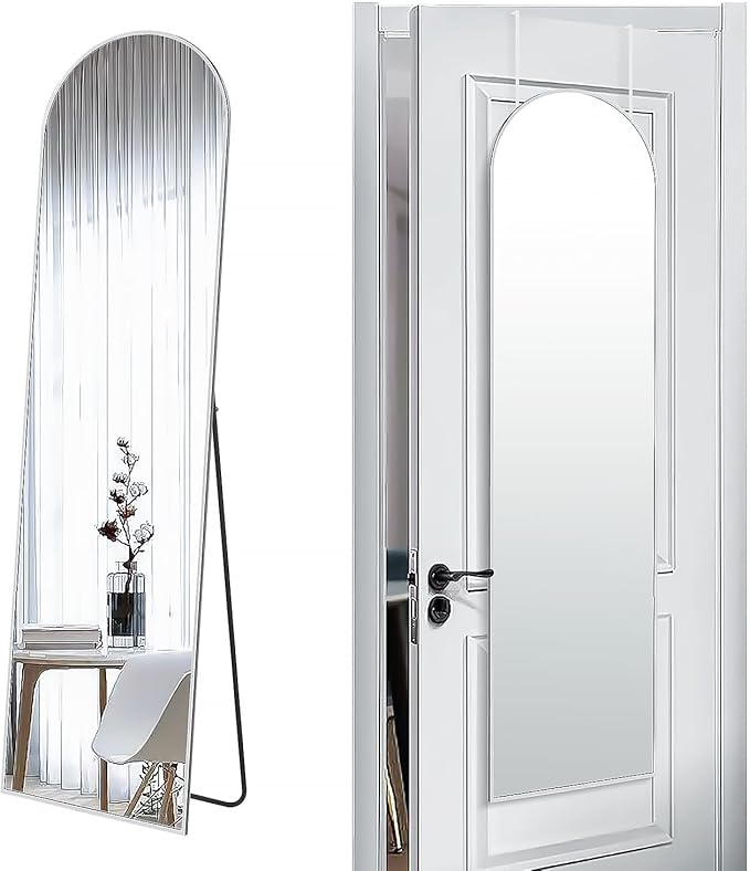 SCWF-GZ 57x16 Door Hanging Full Length Mirror, Floor Stand (Height 5.7ft just Body in1.3ft) / Wall Mounted Metal Frame Arch Dressing Mirrors for Bedroom Living Room 57 inch Silver
