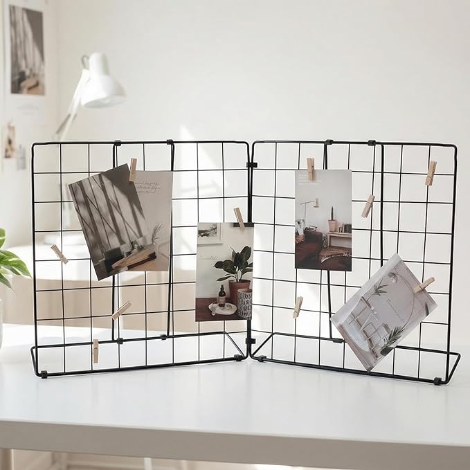 Foldable Double-sided Desktop Photo Display Rack & Grid Display Board With 20 Wooden Clips – Photo & Accessory Organizer For Home Office Black