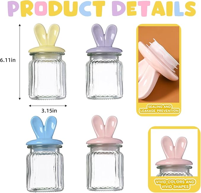 FESTGLOX Glass Easter Candy Jars with Ceramic Bunny Ear Lids, 4Pcs Sealing Bunny Jars in Pastel Colors for Storage, Mini Eggs, Cookies, Tray, Table Centerpiece, Kitchen, Home Spring Decor